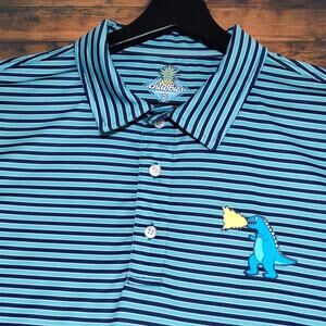 Chubbies Fired Up T-Rex Dinosaur Polo Mens Large Blue Stripe Golf‎ Shirt Stretch